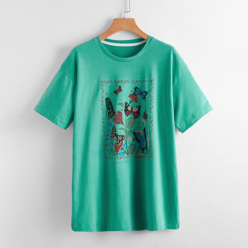 

Butterfly & Flowers Oversized Tee, Green