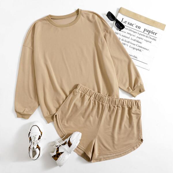 

Plus Solid Drop Shoulder Sweatshirt & Track Shorts, Khaki