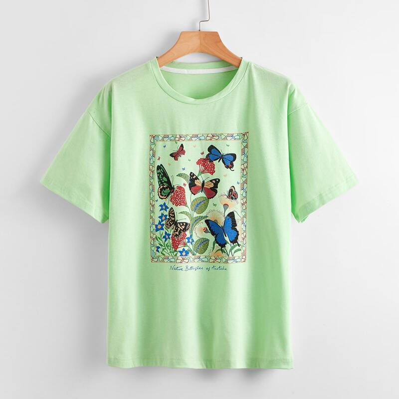 

Butterfly & Flowers Oversized Tee, Lime green