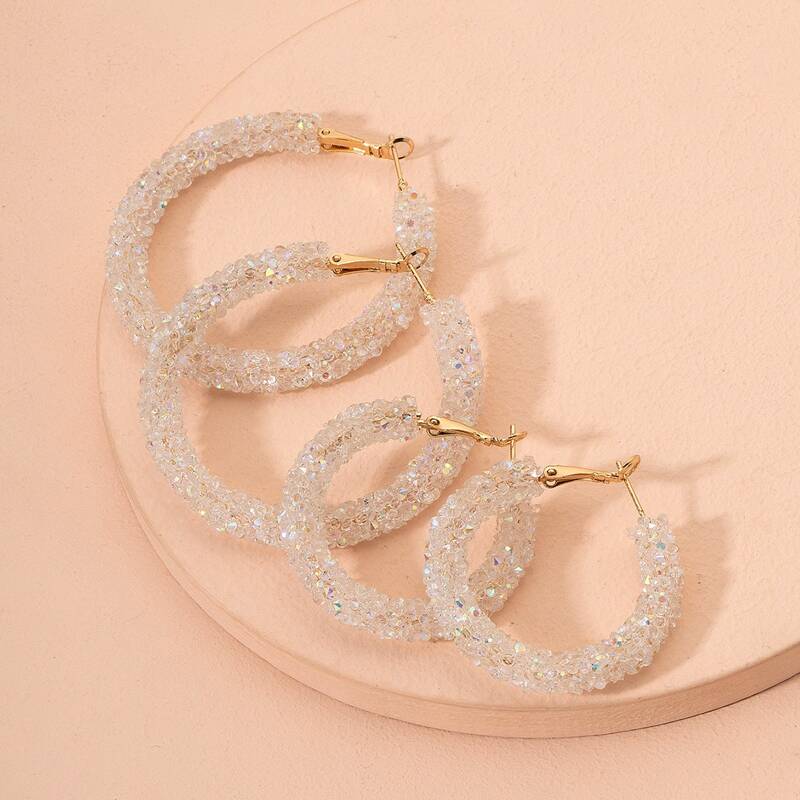 

4pcs Rhinestone Decor Hoop Earrings, White