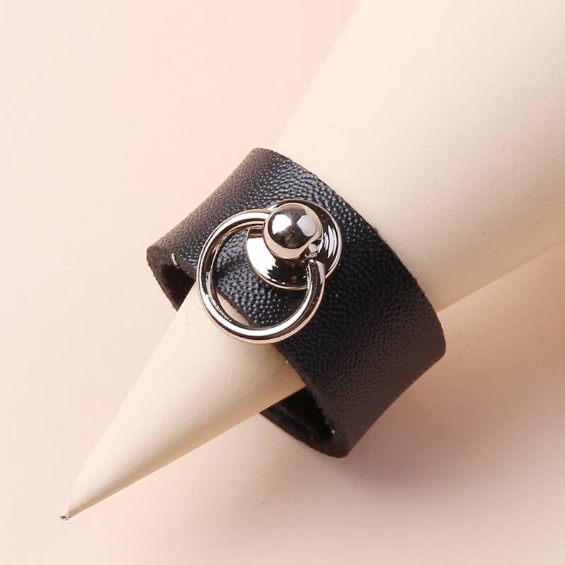 

1pc Adjustable Faux Leather Ring, Black