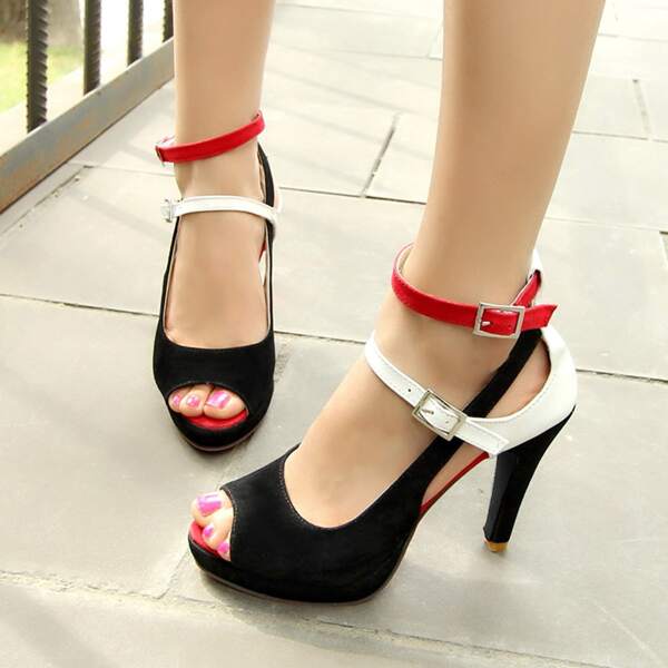 

Peep Toe High Heeled Ankle Strap Pumps, Black and white