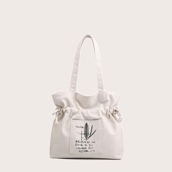 

Feather Print Drawstring Bucket Bag, Beige
