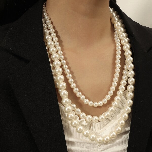 

Faux Pearl Beaded Layered Necklace, White