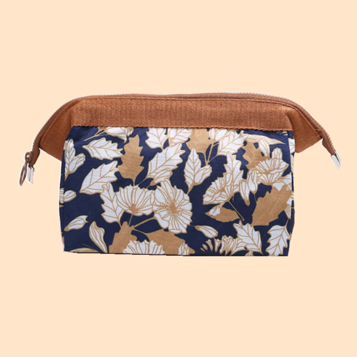 

Flower Print Zipper Makeup Bag, Coffee brown