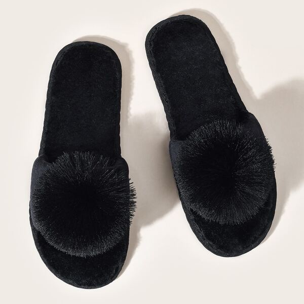 

Fluffy Open Toe Pom Pom Decor Slippers, Black