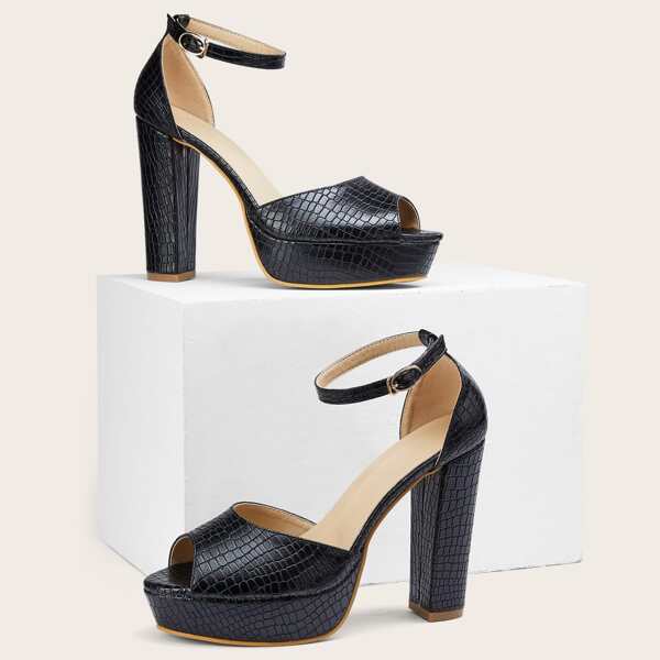 

Peep Toe High Heeled Ankle Strap Pumps, Black