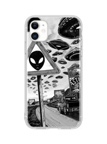 UFO Print Case Compatible With iPhone - Black and White - View 1