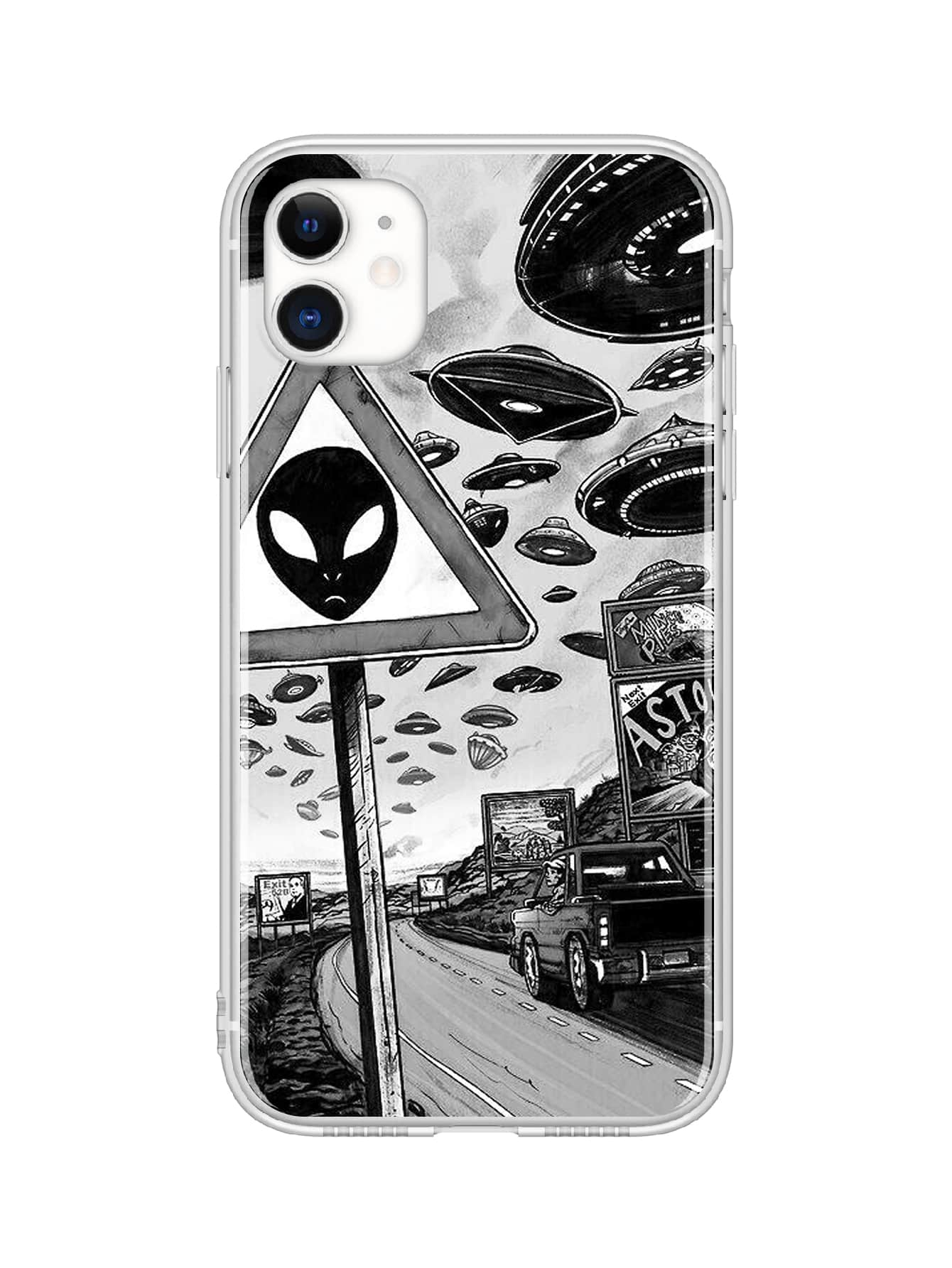 UFO Print Case Compatible With iPhone - Black and White - View 1