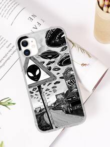 UFO Print Case Compatible With iPhone - Black and White - View 2