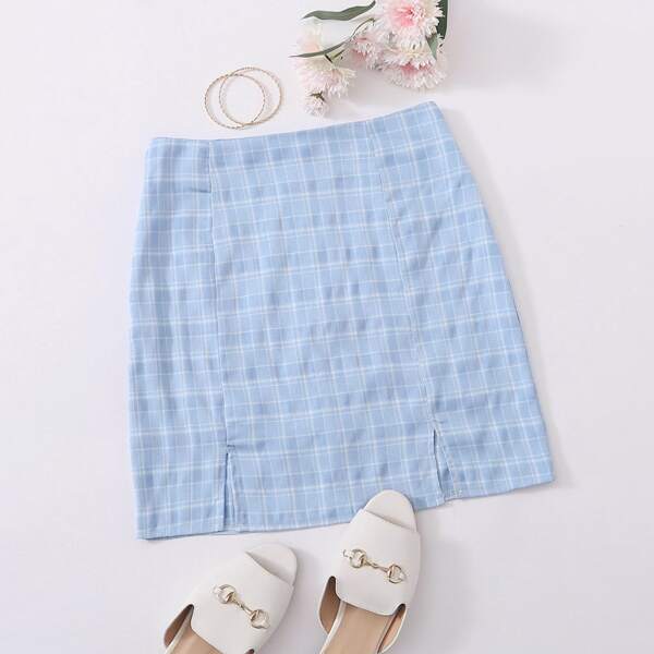 

Plus Plaid Split Hem Skirt, Baby blue