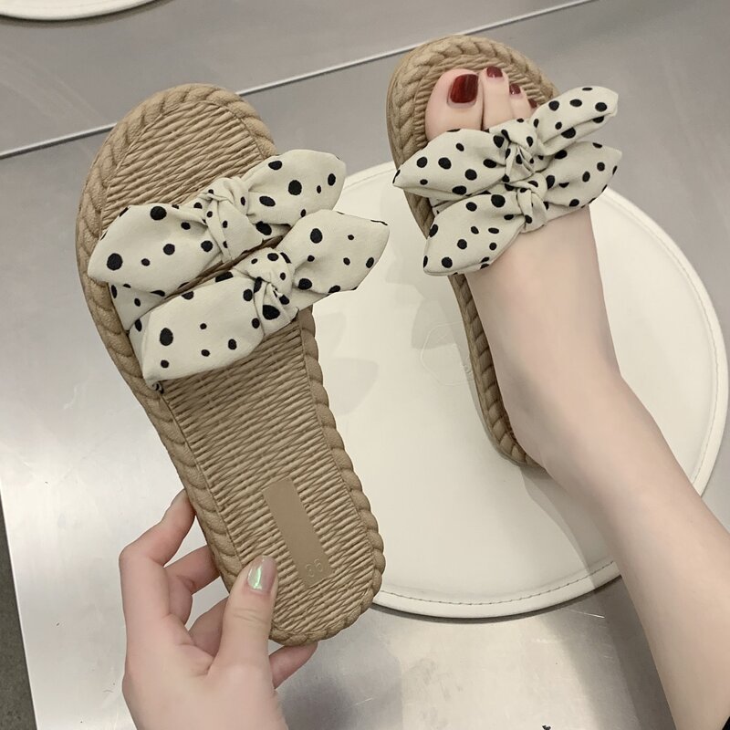 

Polka Dot Bow Knot Slide Sandals, Beige
