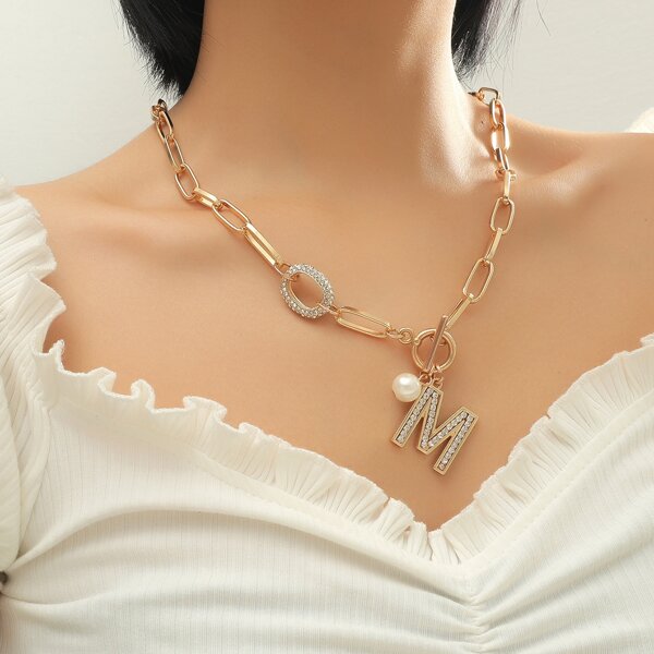 

Rhinestone Letter Charm Necklace, Gold