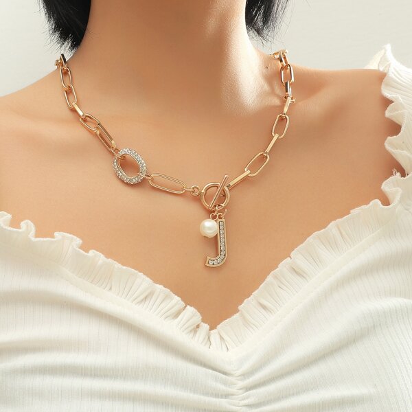 

Rhinestone Letter Charm Necklace, Gold