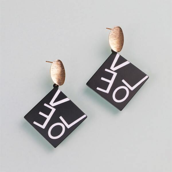 

Letter Engraved Square Drop Earrings, Black and white