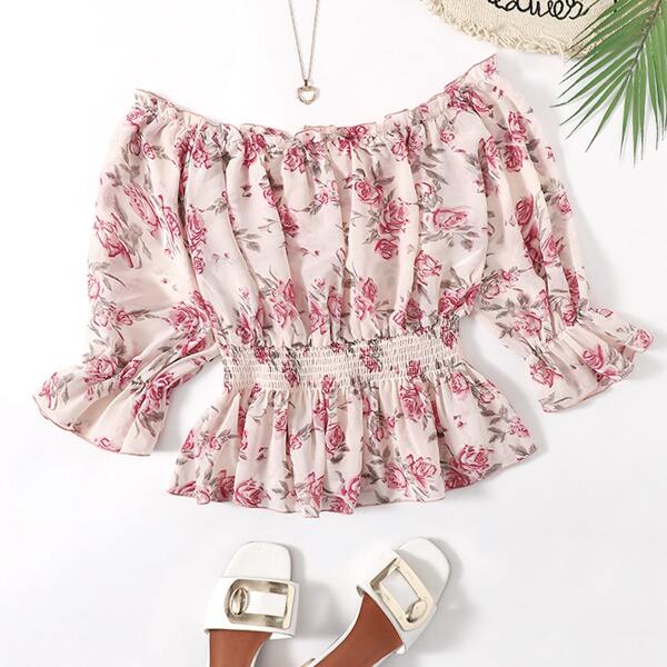 

Plus Floral Print Flounce Sleeve Bardot Peplum Blouse, Multicolor