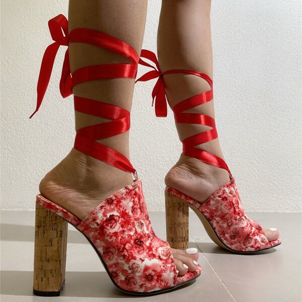 

Floral Chunky Heeled Gladiator Sandals, Red