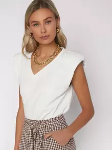 SHEIN Essnce V Neck Shoulder Pad Tank Top - White - View 3