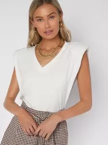 SHEIN Essnce V Neck Shoulder Pad Tank Top - White - View 5