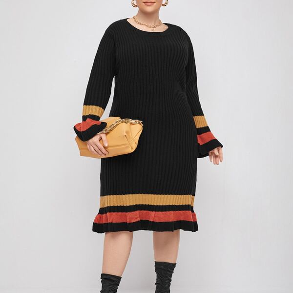 

Plus Color Block Ruffle Hem Sweater Dress, Black