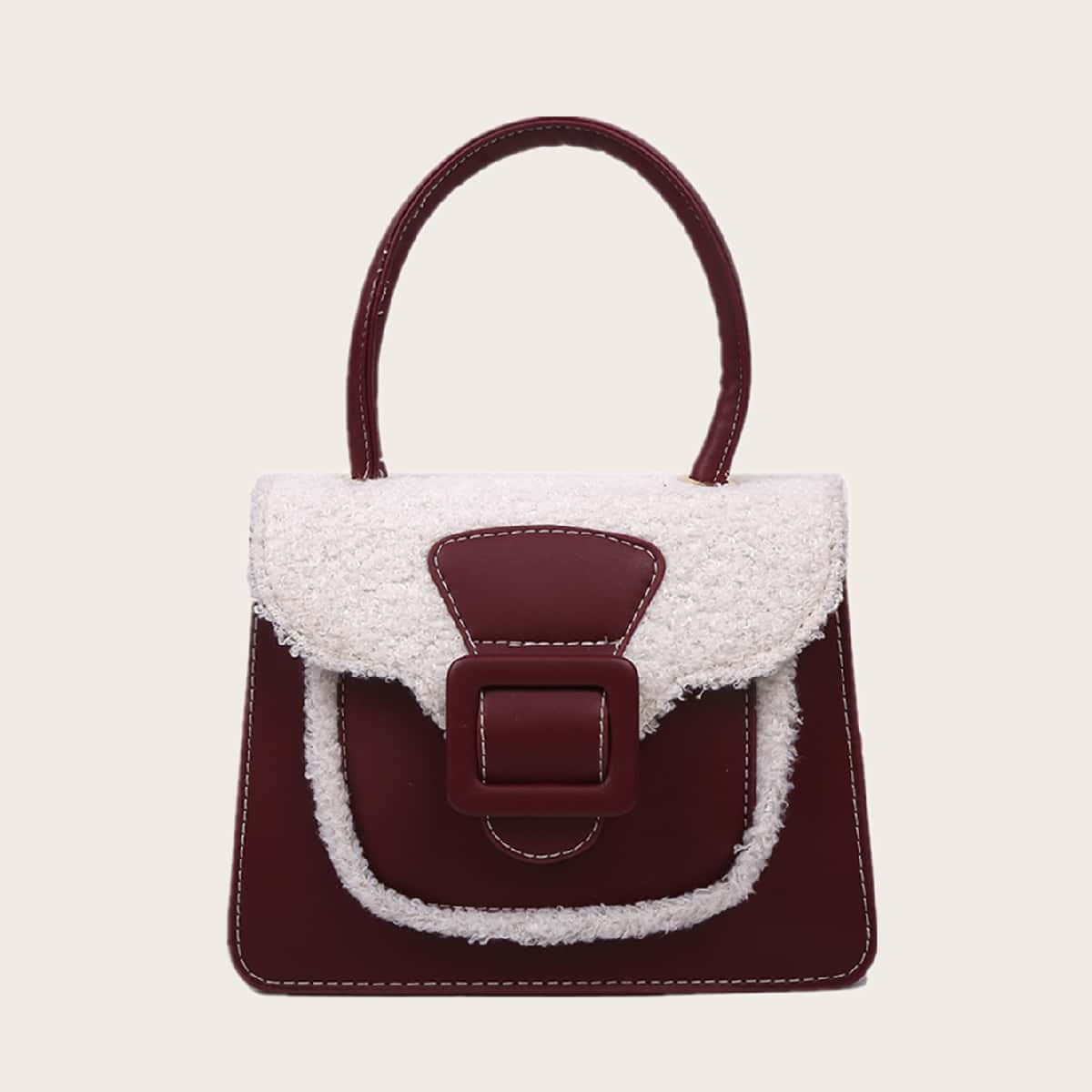 Image of Contrast Faux Fur Buckle Strap Satchel Bag