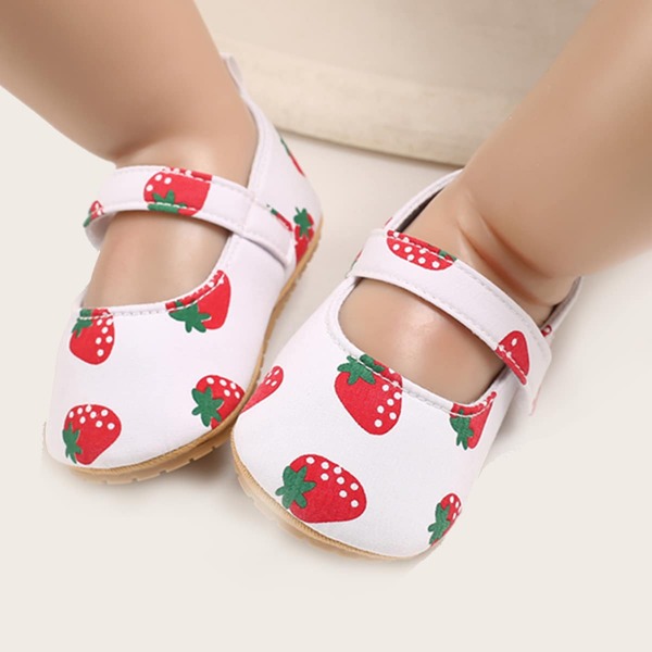 

Baby Girl Strawberry Print Velcro Strap Flats, Red and white