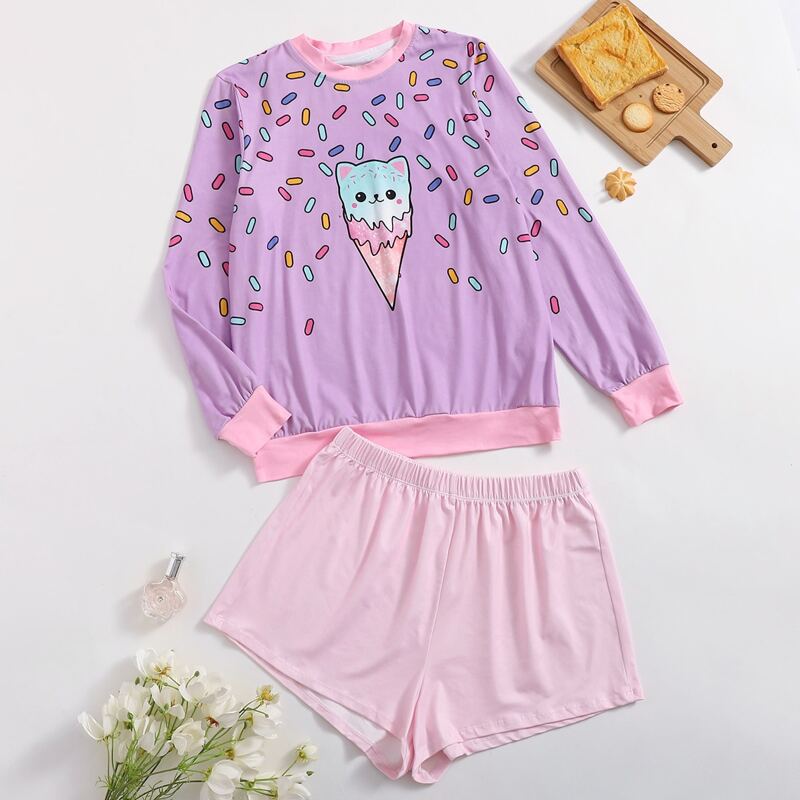 

Cartoon Print PJ Set, Multicolor