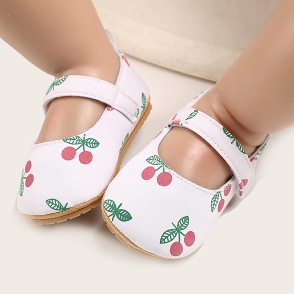 

Baby Girl Cherry Print Velcro Strap Flats, White