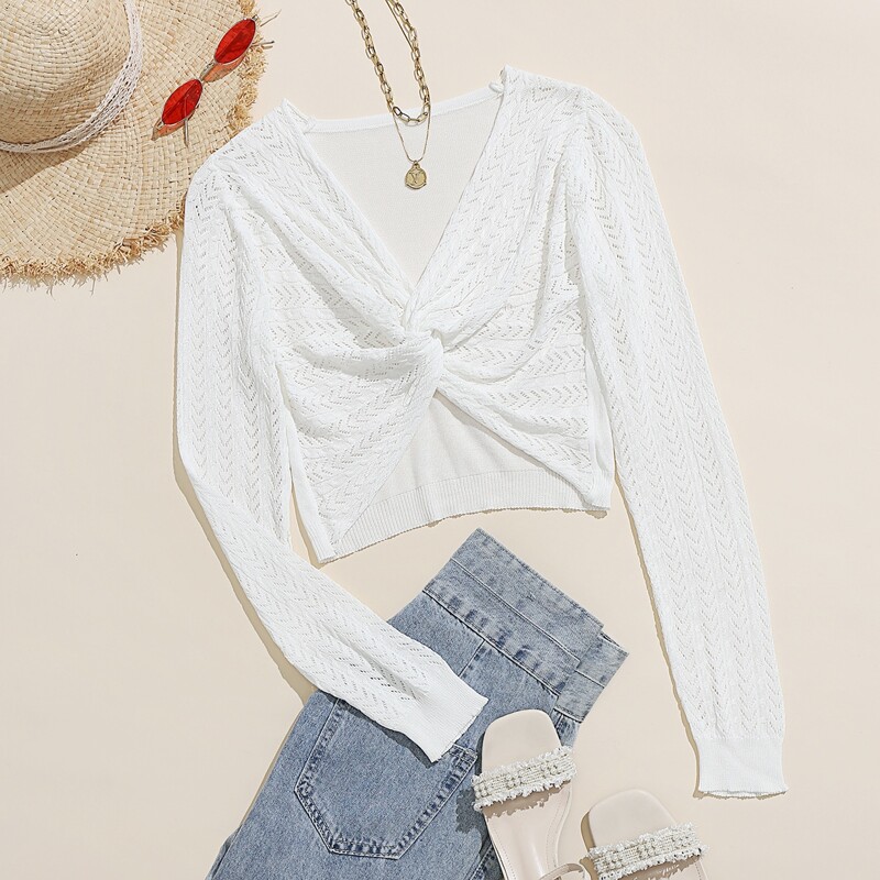 

Twist Front Pointelle Knit Sweater, White