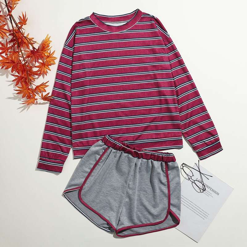 

Striped Contrast Binding Shorts PJ Set, Multicolor