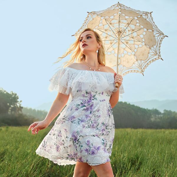 

Plus Flounce Off Shoulder Floral Lace Dress, Multicolor