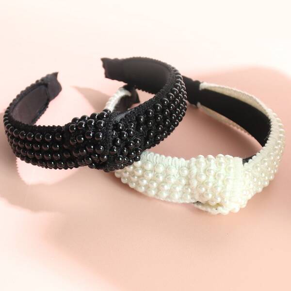 

2pcs Toddler Girls Faux Pearl Beaded Hair Hoop, Black and white