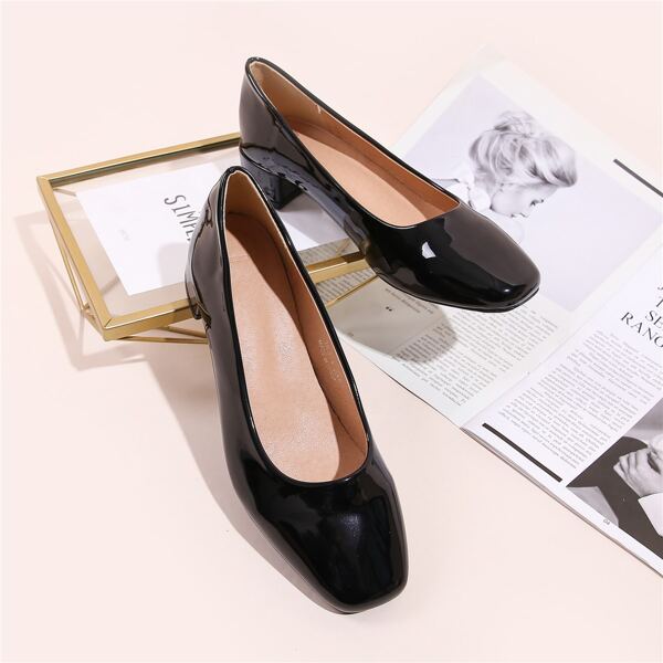

Square Toe Chunky Heeled Court Pumps, Black