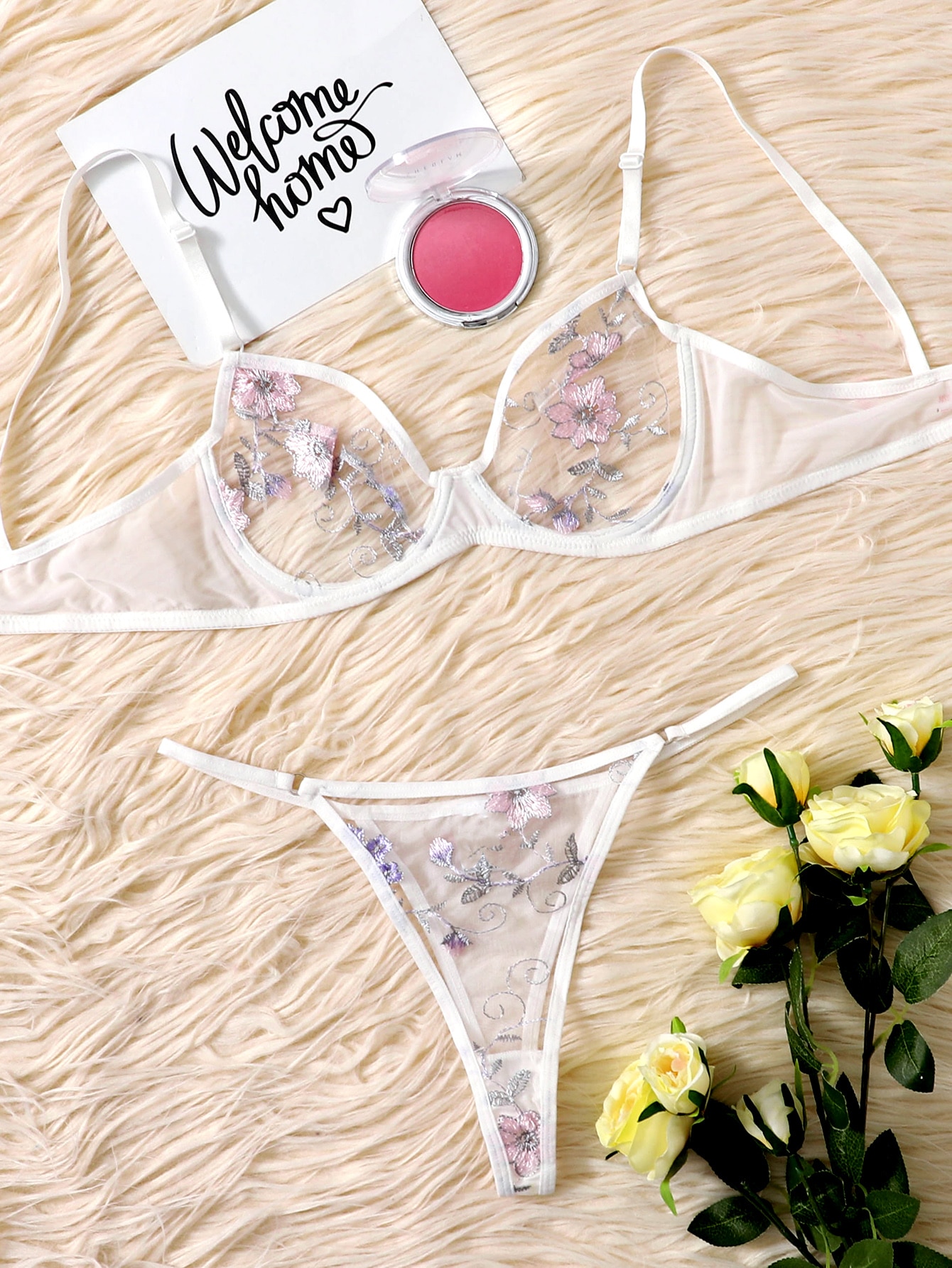 Floral Embroidery Sheer Underwire Lingerie Set thumbnail