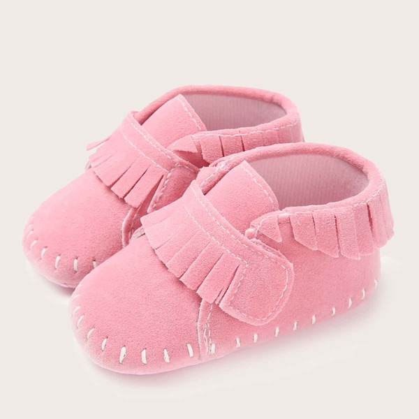 

Baby Girl Fringe Trim Velcro Strap Flats, Pink