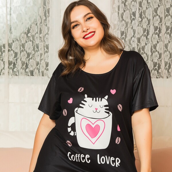 

Plus Cartoon & Slogan Graphic Pajama Set, Multicolor