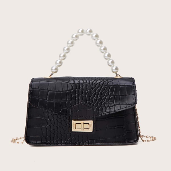 

Faux Pearl Decor Croc Embossed Satchel Bag, Black