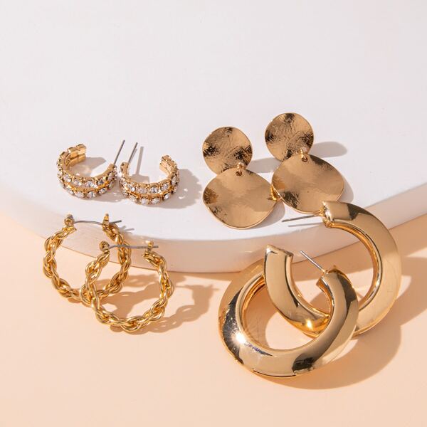 

4pairs Rhinestone Decor Earrings, Gold