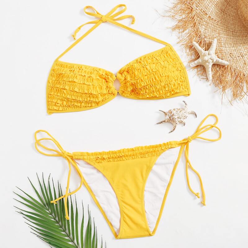 

Frill Trim Ring Linked Tie Side Bikini Swimsuit, Yellow