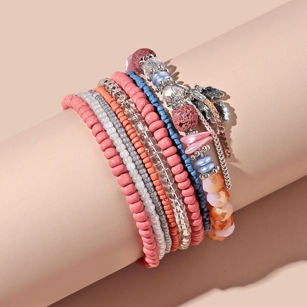 

8pcs Leaf Charm Beaded Bracelet, Multicolor