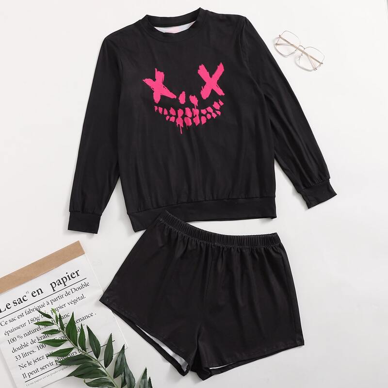 

Graphic Print Shorts PJ Set, Black