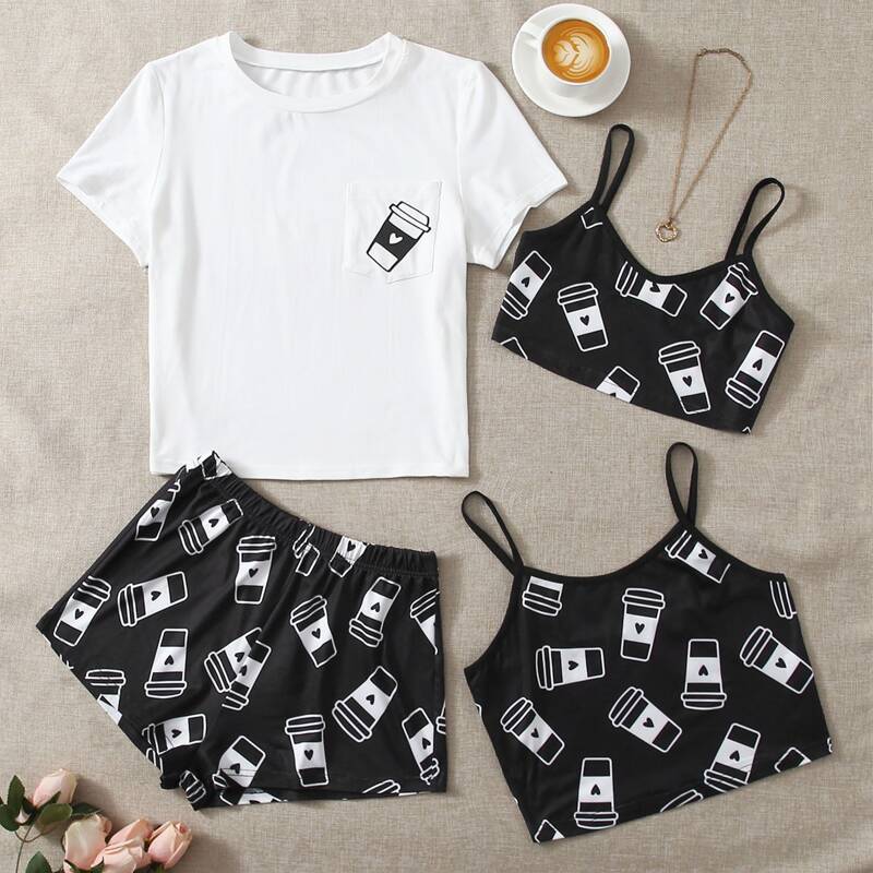 

4pcs Cartoon And Heart Print Pajama Set, Black and white
