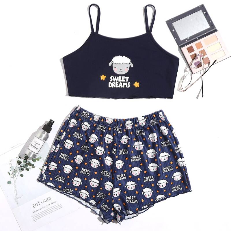 

Cartoon And Letter Graphic Cami Pajama Set, Navy blue