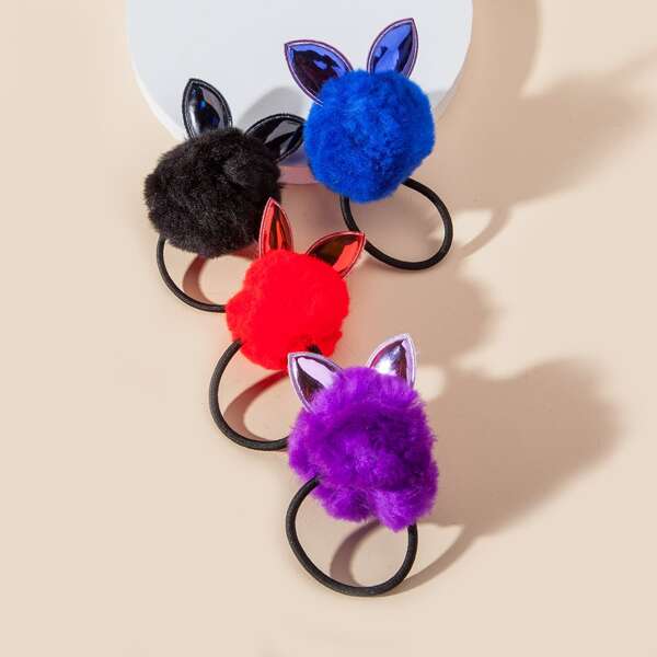 

4pcs Toddler Girls Fluffy Pom Pom Decor Hair Tie, Multicolor