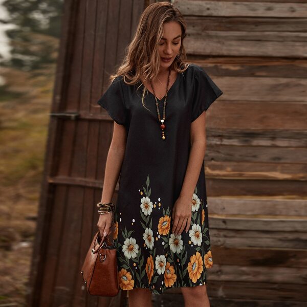 

V Neck Floral Print Tunic Dress, Black