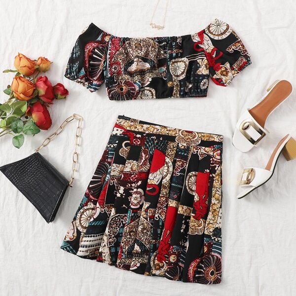 

Off Shoulder Graphic Crop Top & Pleated Skirt Set, Multicolor