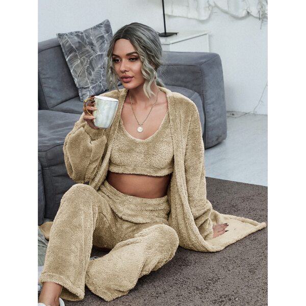 

Solid Teddy Tank Top & Pants & Robe, Khaki