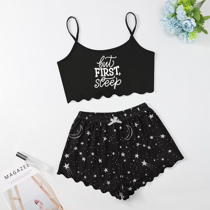 

Slogan & Galaxy Print Scallop PJ Set, Black