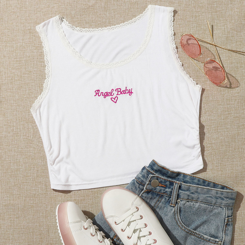 

Letter Embroidery Lace Trim White Tank