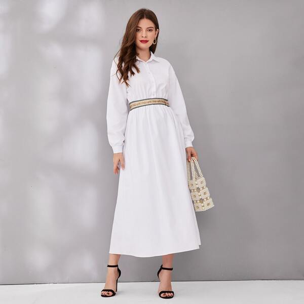 

Half Button Belted Shirt Dress, White